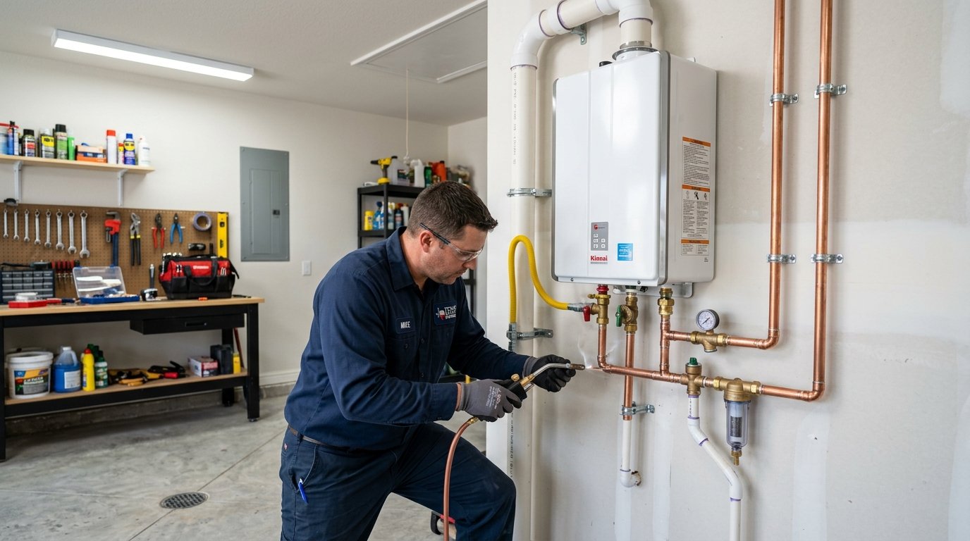 Licensed Technician Installing Tankless Water Heater in San Antonio